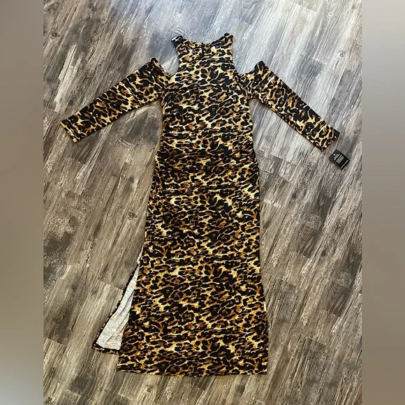 Boston Proper Maxi Dress Cold Shoulder Ruched Zipper Back Animal Print Size XL - Picture 2 of 9
